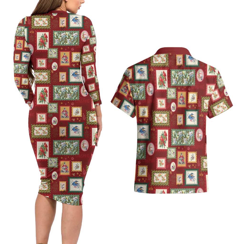Aussie Birds Christmas La La Land Couples Matching Long Sleeve Bodycon Dress and Hawaiian Shirt Red Vintage Stamp Edition - Aussie Hoodie