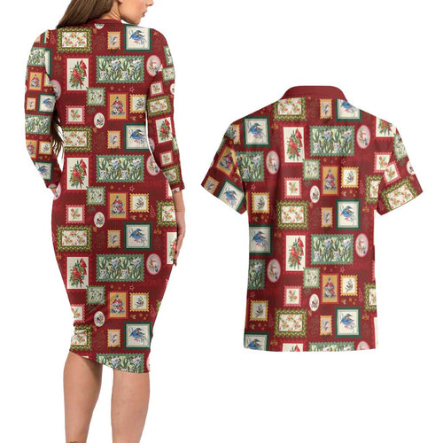 Aussie Birds Christmas La La Land Couples Matching Long Sleeve Bodycon Dress and Hawaiian Shirt Red Vintage Stamp Edition - Aussie Hoodie