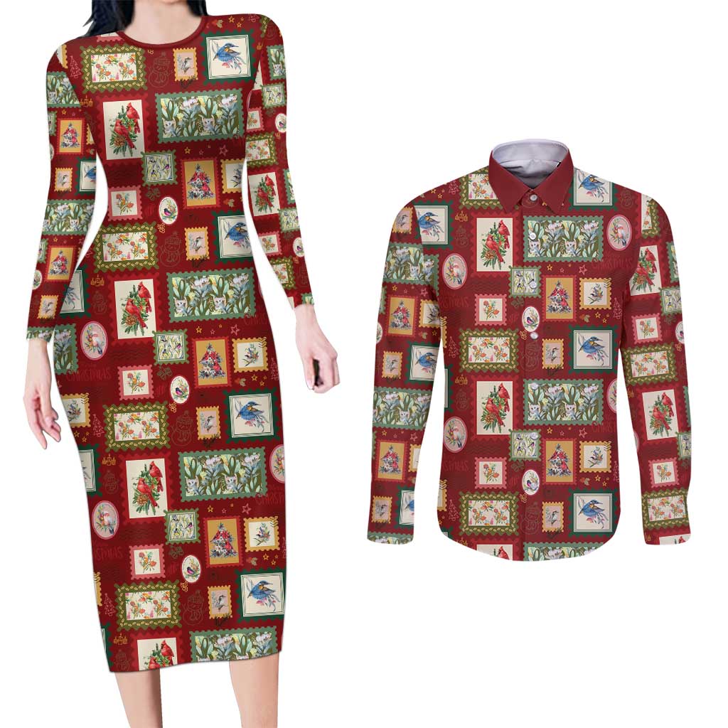 Aussie Birds Christmas La La Land Couples Matching Long Sleeve Bodycon Dress and Long Sleeve Button Shirt Red Vintage Stamp Edition - Aussie Hoodie