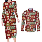 Aussie Birds Christmas La La Land Couples Matching Long Sleeve Bodycon Dress and Long Sleeve Button Shirt Red Vintage Stamp Edition - Aussie Hoodie