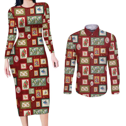Aussie Birds Christmas La La Land Couples Matching Long Sleeve Bodycon Dress and Long Sleeve Button Shirt Red Vintage Stamp Edition - Aussie Hoodie