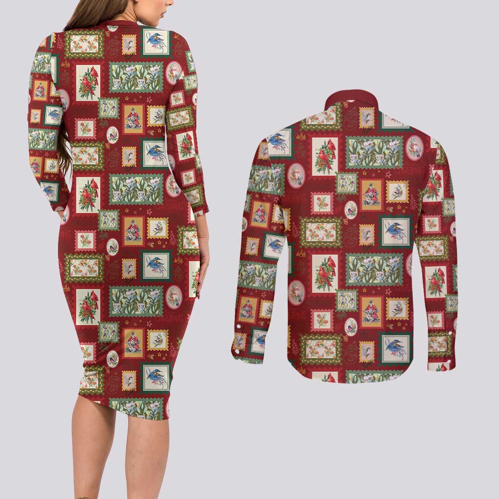 Aussie Birds Christmas La La Land Couples Matching Long Sleeve Bodycon Dress and Long Sleeve Button Shirt Red Vintage Stamp Edition - Aussie Hoodie
