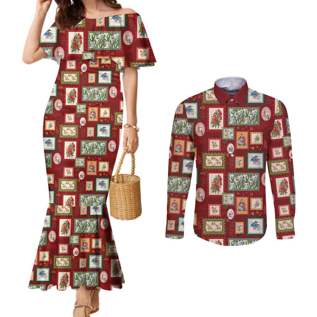 Aussie Birds Christmas La La Land Couples Matching Mermaid Dress and Long Sleeve Button Shirt Red Vintage Stamp Edition - Aussie Hoodie