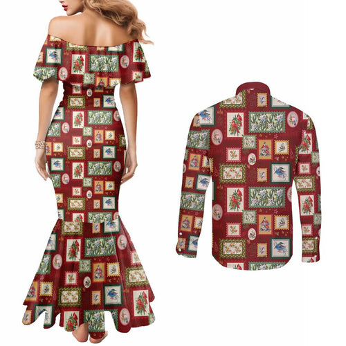 Aussie Birds Christmas La La Land Couples Matching Mermaid Dress and Long Sleeve Button Shirt Red Vintage Stamp Edition - Aussie Hoodie
