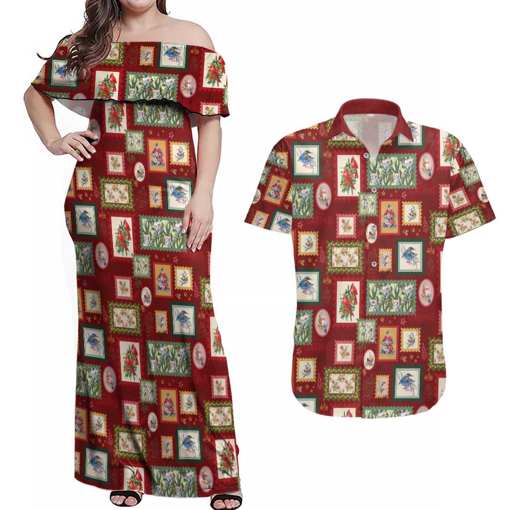 Aussie Birds Christmas La La Land Couples Matching Off Shoulder Maxi Dress and Hawaiian Shirt Red Vintage Stamp Edition - Aussie Hoodie