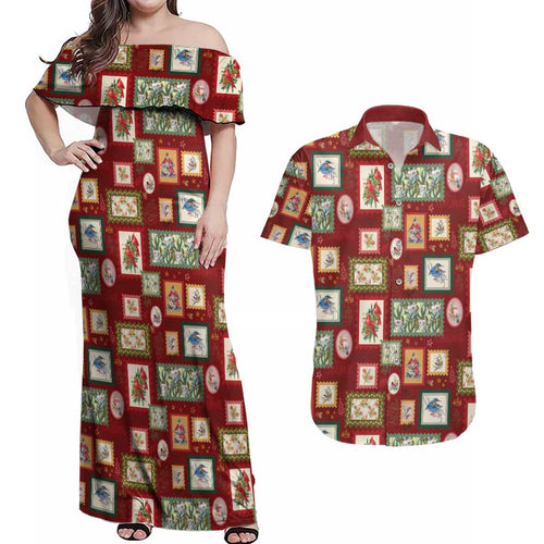 Aussie Birds Christmas La La Land Couples Matching Off Shoulder Maxi Dress and Hawaiian Shirt Red Vintage Stamp Edition - Aussie Hoodie