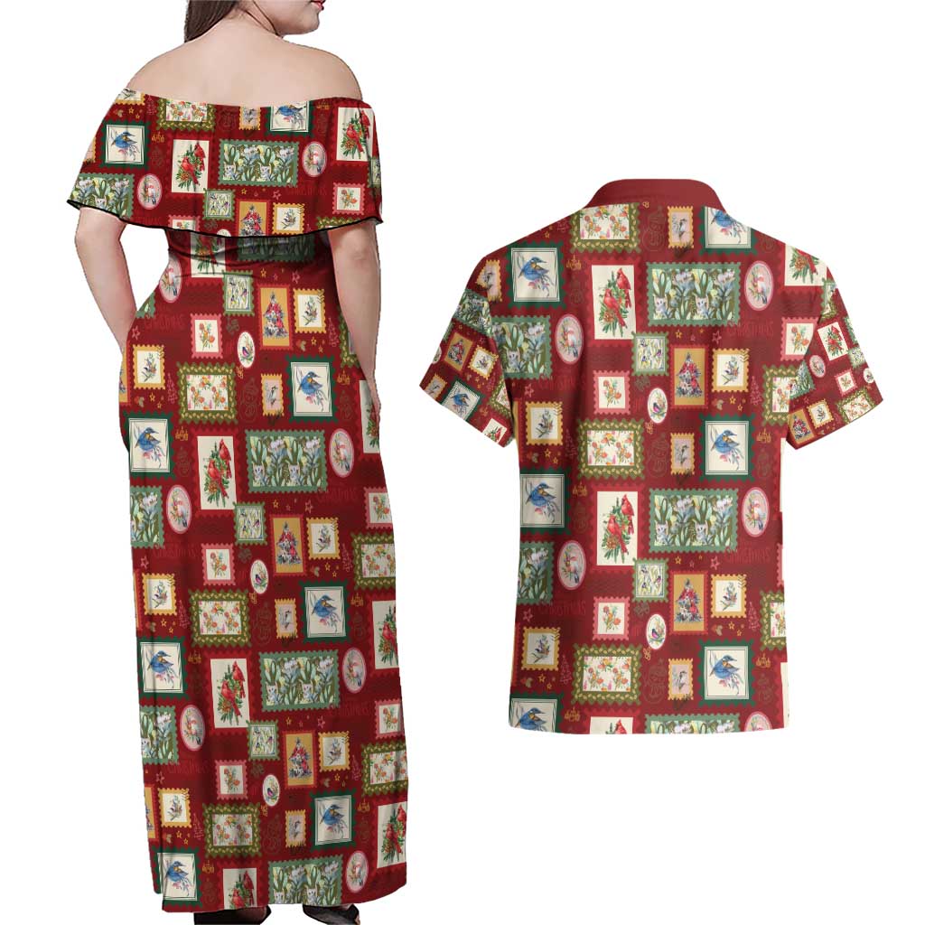 Aussie Birds Christmas La La Land Couples Matching Off Shoulder Maxi Dress and Hawaiian Shirt Red Vintage Stamp Edition - Aussie Hoodie