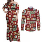 Aussie Birds Christmas La La Land Couples Matching Off Shoulder Maxi Dress and Long Sleeve Button Shirt Red Vintage Stamp Edition - Aussie Hoodie