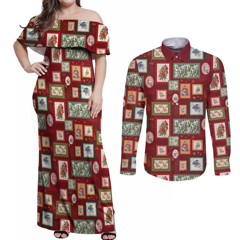 Aussie Birds Christmas La La Land Couples Matching Off Shoulder Maxi Dress and Long Sleeve Button Shirt Red Vintage Stamp Edition - Aussie Hoodie