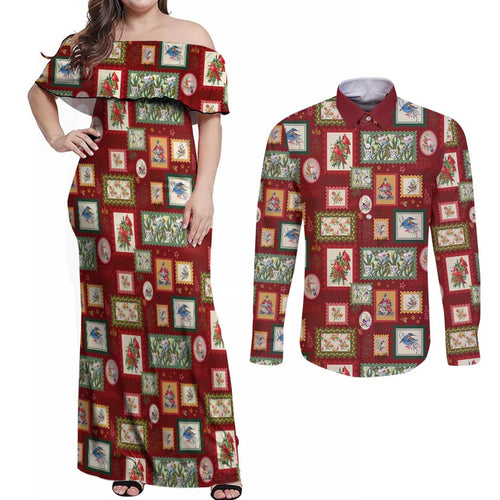 Aussie Birds Christmas La La Land Couples Matching Off Shoulder Maxi Dress and Long Sleeve Button Shirt Red Vintage Stamp Edition - Aussie Hoodie