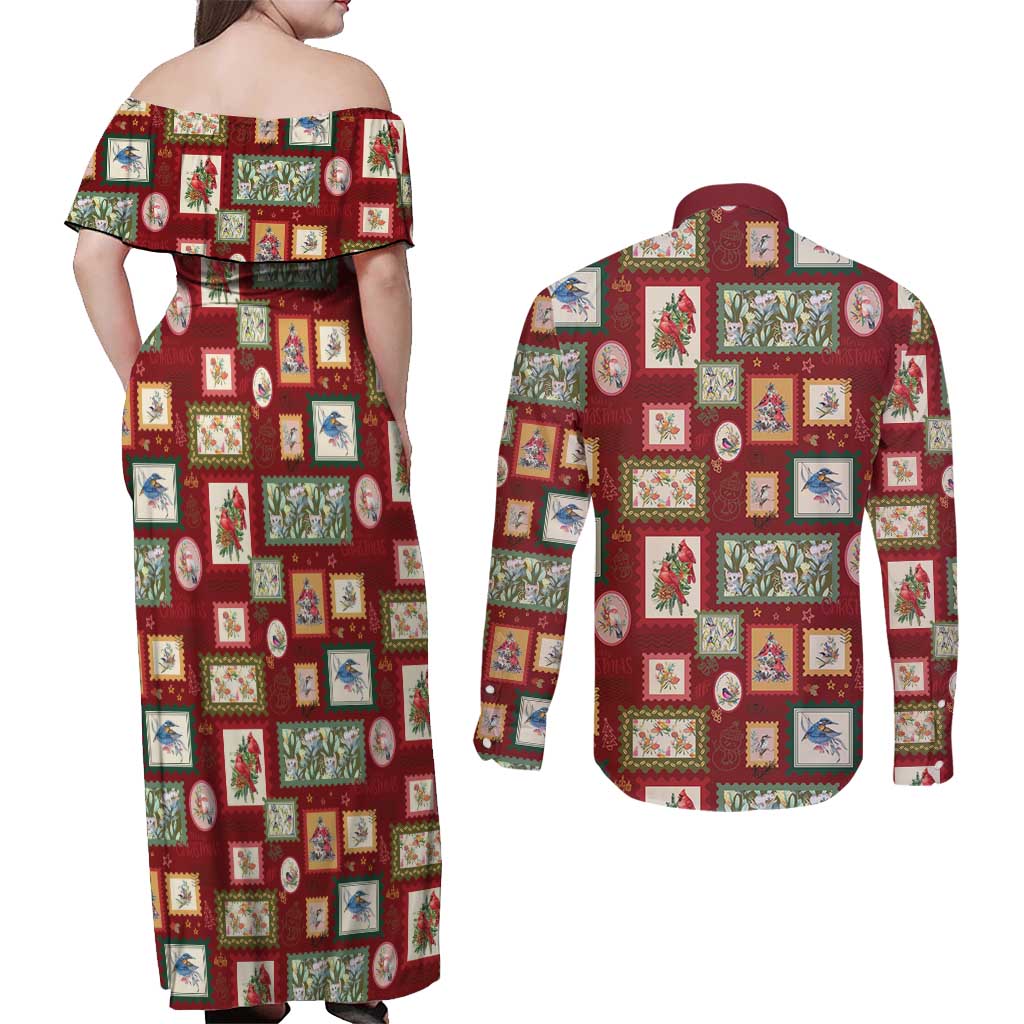Aussie Birds Christmas La La Land Couples Matching Off Shoulder Maxi Dress and Long Sleeve Button Shirt Red Vintage Stamp Edition - Aussie Hoodie