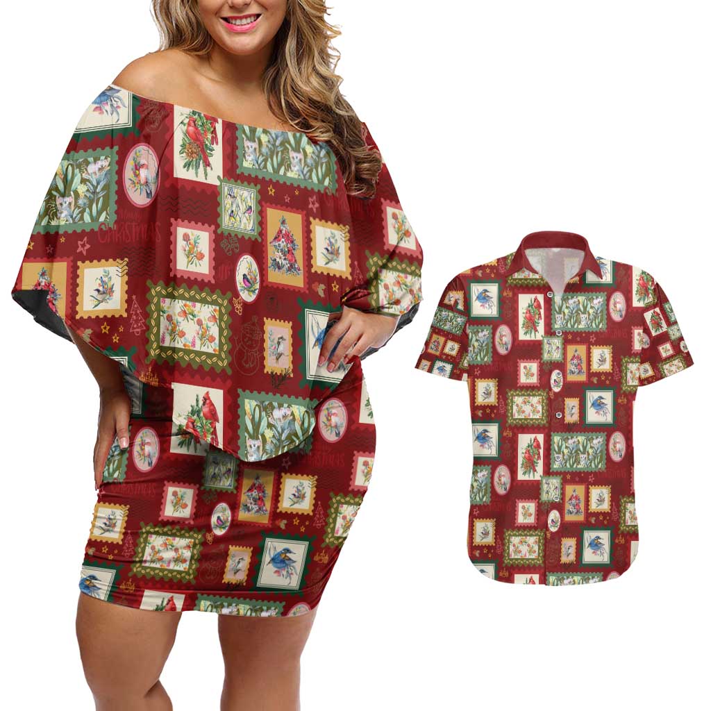 Aussie Birds Christmas La La Land Couples Matching Off Shoulder Short Dress and Hawaiian Shirt Red Vintage Stamp Edition - Aussie Hoodie