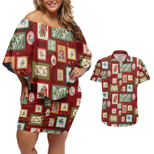 Aussie Birds Christmas La La Land Couples Matching Off Shoulder Short Dress and Hawaiian Shirt Red Vintage Stamp Edition - Aussie Hoodie