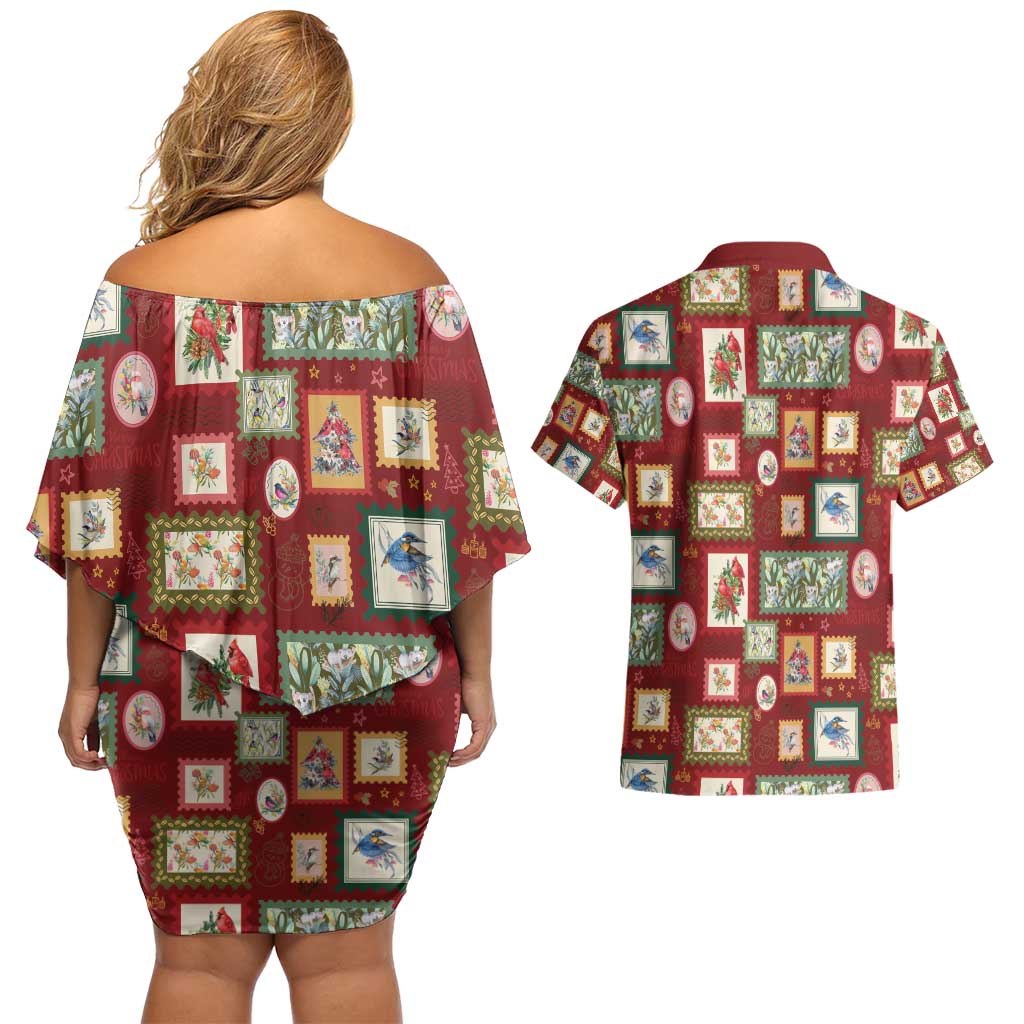 Aussie Birds Christmas La La Land Couples Matching Off Shoulder Short Dress and Hawaiian Shirt Red Vintage Stamp Edition - Aussie Hoodie