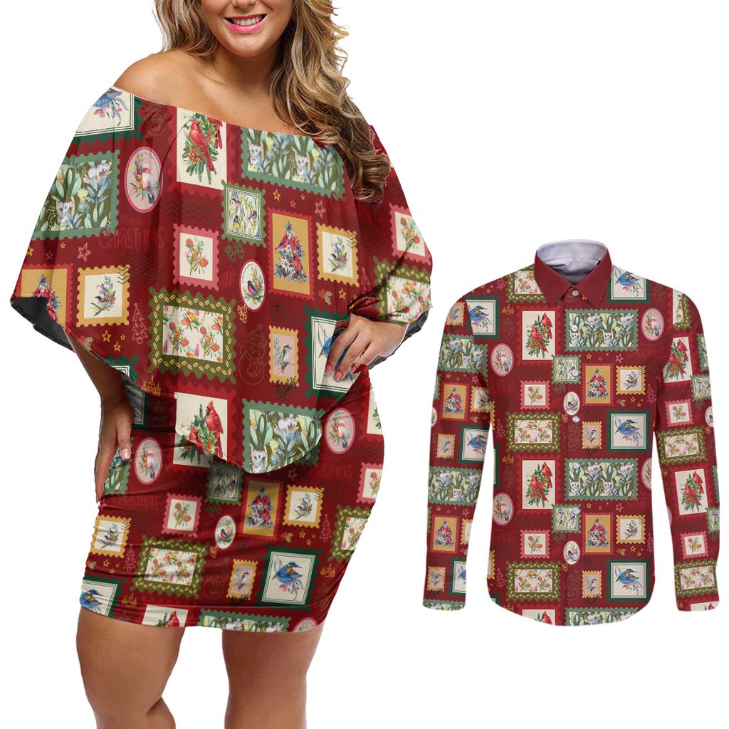 Aussie Birds Christmas La La Land Couples Matching Off Shoulder Short Dress and Long Sleeve Button Shirt Red Vintage Stamp Edition - Aussie Hoodie