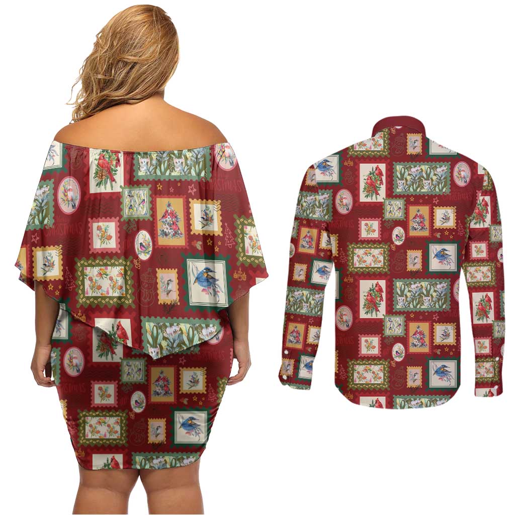 Aussie Birds Christmas La La Land Couples Matching Off Shoulder Short Dress and Long Sleeve Button Shirt Red Vintage Stamp Edition - Aussie Hoodie