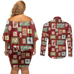 Aussie Birds Christmas La La Land Couples Matching Off Shoulder Short Dress and Long Sleeve Button Shirt Red Vintage Stamp Edition - Aussie Hoodie