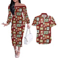 Aussie Birds Christmas La La Land Couples Matching Off The Shoulder Long Sleeve Dress and Hawaiian Shirt Red Vintage Stamp Edition - Aussie Hoodie