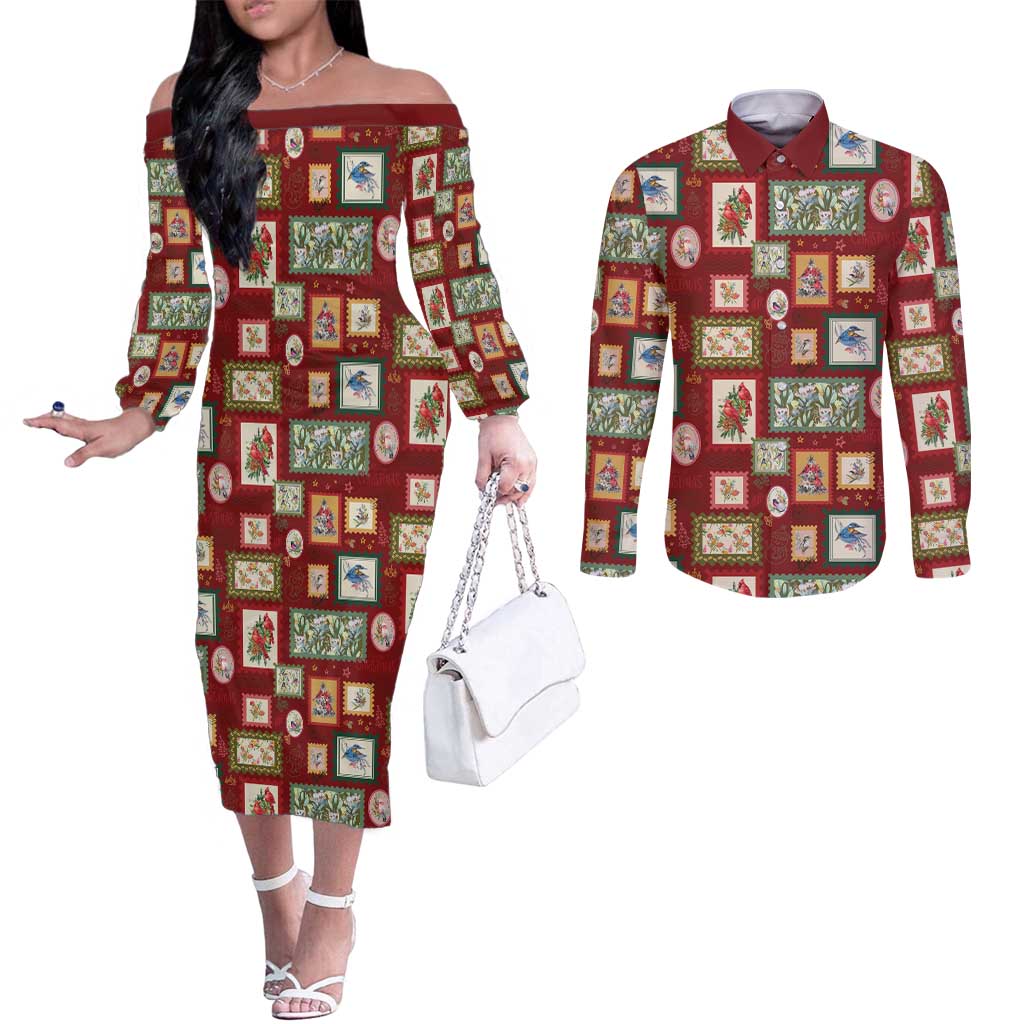 Aussie Birds Christmas La La Land Couples Matching Off The Shoulder Long Sleeve Dress and Long Sleeve Button Shirt Red Vintage Stamp Edition - Aussie Hoodie