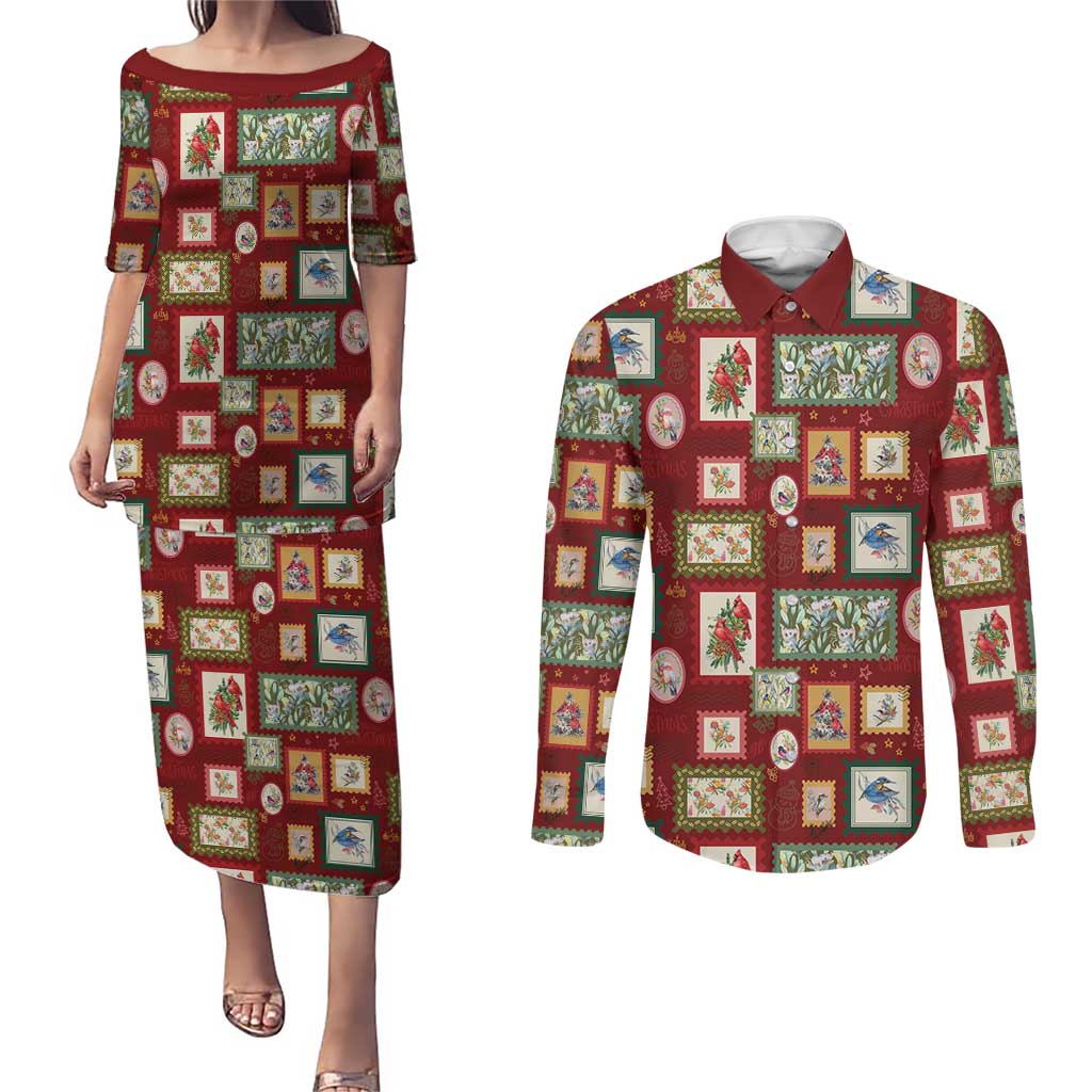 Aussie Birds Christmas La La Land Couples Matching Puletasi and Long Sleeve Button Shirt Red Vintage Stamp Edition - Aussie Hoodie