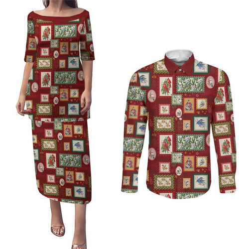 Aussie Birds Christmas La La Land Couples Matching Puletasi and Long Sleeve Button Shirt Red Vintage Stamp Edition - Aussie Hoodie
