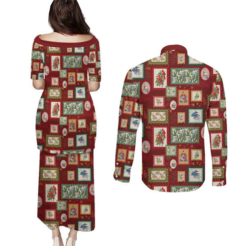 Aussie Birds Christmas La La Land Couples Matching Puletasi and Long Sleeve Button Shirt Red Vintage Stamp Edition - Aussie Hoodie