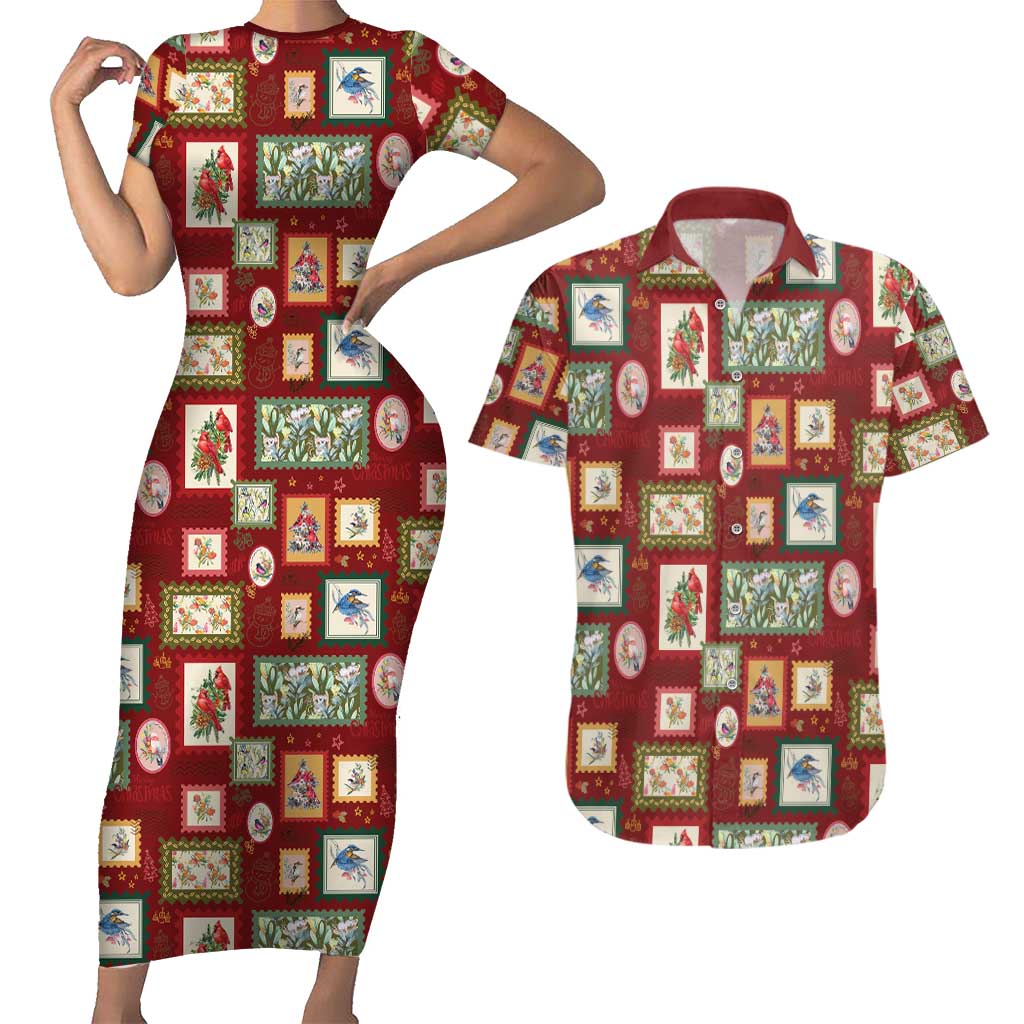 Aussie Birds Christmas La La Land Couples Matching Short Sleeve Bodycon Dress and Hawaiian Shirt Red Vintage Stamp Edition - Aussie Hoodie