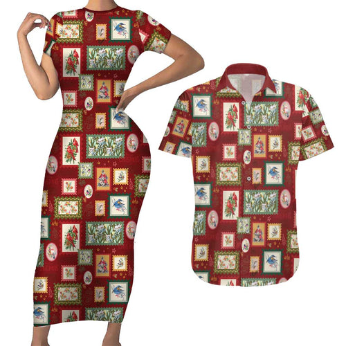 Aussie Birds Christmas La La Land Couples Matching Short Sleeve Bodycon Dress and Hawaiian Shirt Red Vintage Stamp Edition - Aussie Hoodie