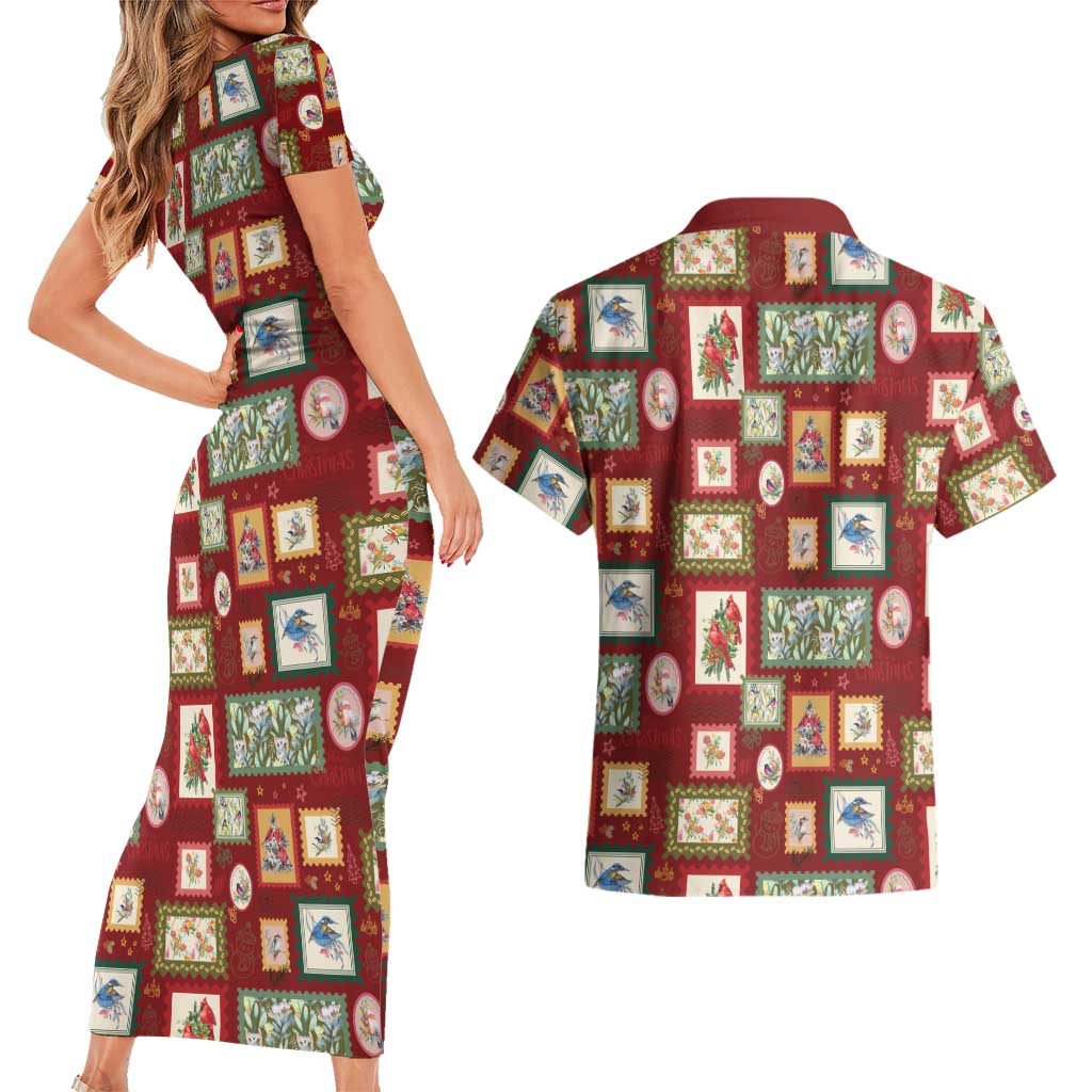 Aussie Birds Christmas La La Land Couples Matching Short Sleeve Bodycon Dress and Hawaiian Shirt Red Vintage Stamp Edition - Aussie Hoodie