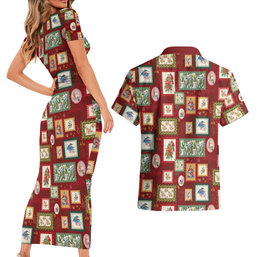 Aussie Birds Christmas La La Land Couples Matching Short Sleeve Bodycon Dress and Hawaiian Shirt Red Vintage Stamp Edition - Aussie Hoodie