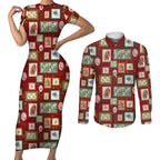 Aussie Birds Christmas La La Land Couples Matching Short Sleeve Bodycon Dress and Long Sleeve Button Shirt Red Vintage Stamp Edition - Aussie Hoodie