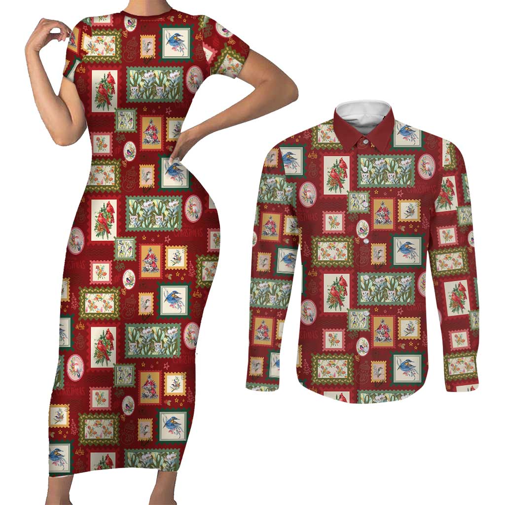 Aussie Birds Christmas La La Land Couples Matching Short Sleeve Bodycon Dress and Long Sleeve Button Shirt Red Vintage Stamp Edition - Aussie Hoodie