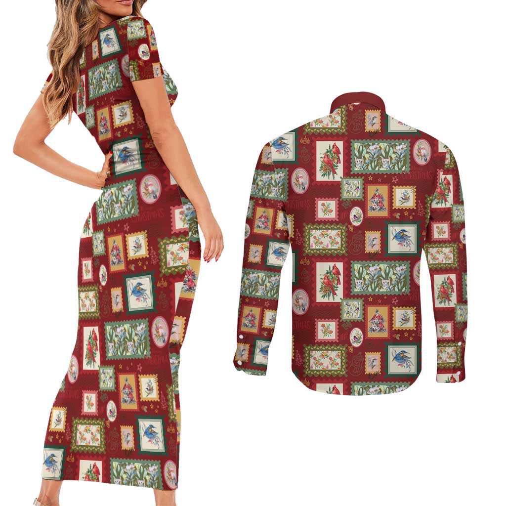 Aussie Birds Christmas La La Land Couples Matching Short Sleeve Bodycon Dress and Long Sleeve Button Shirt Red Vintage Stamp Edition - Aussie Hoodie