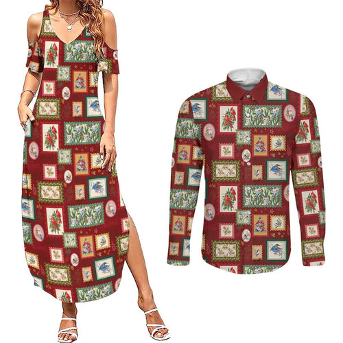 Aussie Birds Christmas La La Land Couples Matching Summer Maxi Dress and Long Sleeve Button Shirt Red Vintage Stamp Edition - Aussie Hoodie