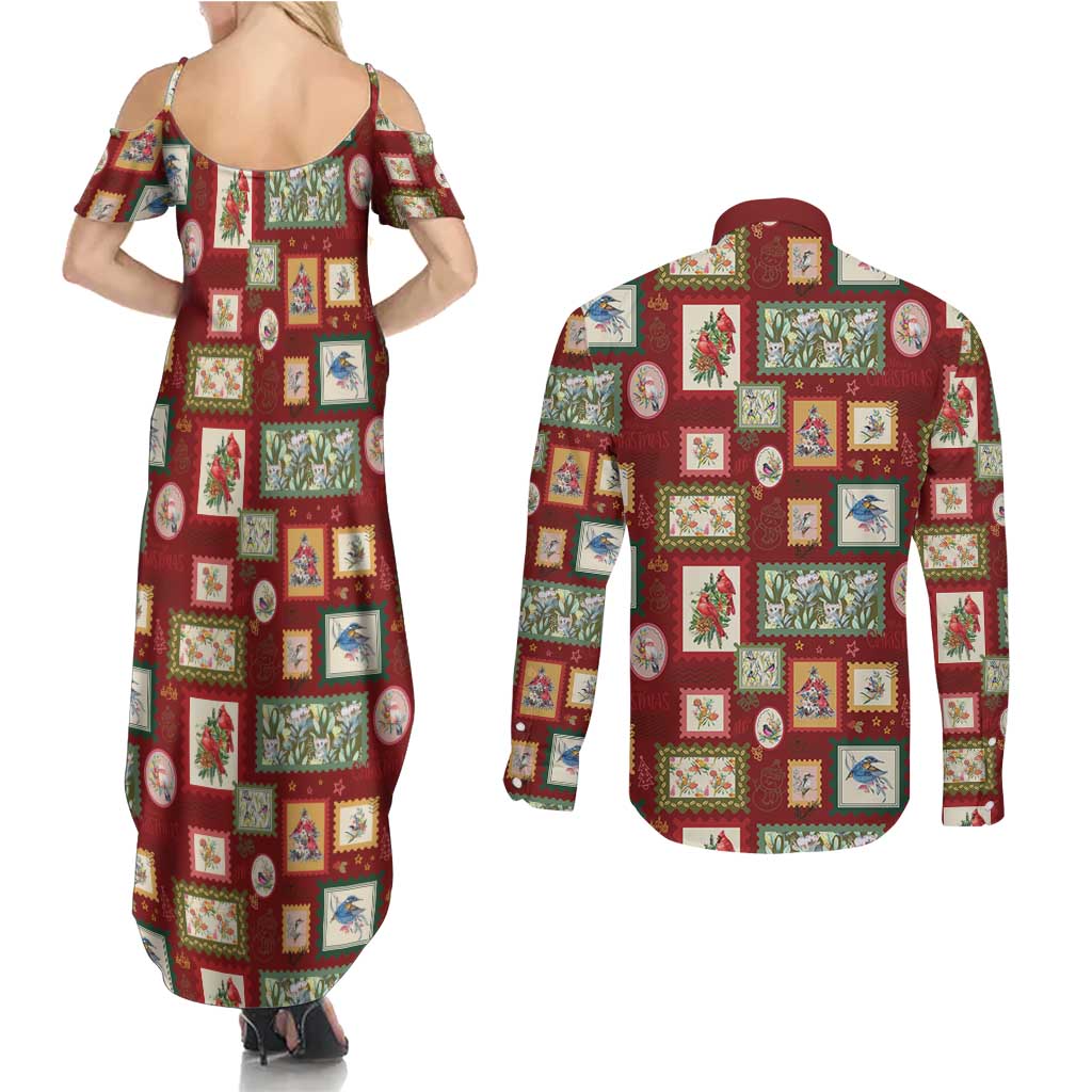 Aussie Birds Christmas La La Land Couples Matching Summer Maxi Dress and Long Sleeve Button Shirt Red Vintage Stamp Edition - Aussie Hoodie
