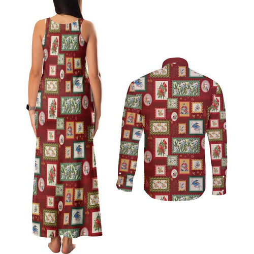 Aussie Birds Christmas La La Land Couples Matching Tank Maxi Dress and Long Sleeve Button Shirt Red Vintage Stamp Edition - Aussie Hoodie