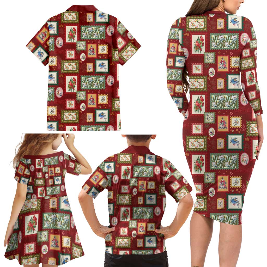 Aussie Birds Christmas La La Land Family Matching Long Sleeve Bodycon Dress and Hawaiian Shirt Red Vintage Stamp Edition - Aussie Hoodie