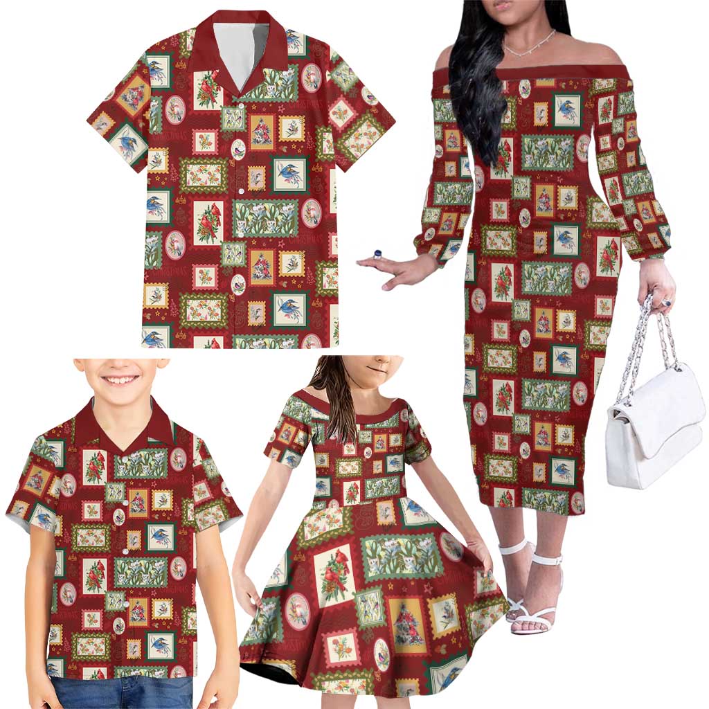 Aussie Birds Christmas La La Land Family Matching Off The Shoulder Long Sleeve Dress and Hawaiian Shirt Red Vintage Stamp Edition - Aussie Hoodie