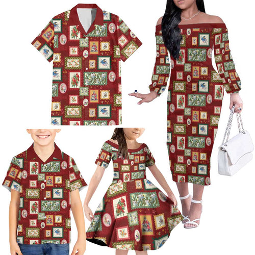 Aussie Birds Christmas La La Land Family Matching Off The Shoulder Long Sleeve Dress and Hawaiian Shirt Red Vintage Stamp Edition - Aussie Hoodie