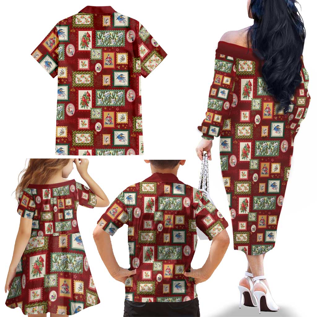 Aussie Birds Christmas La La Land Family Matching Off The Shoulder Long Sleeve Dress and Hawaiian Shirt Red Vintage Stamp Edition - Aussie Hoodie