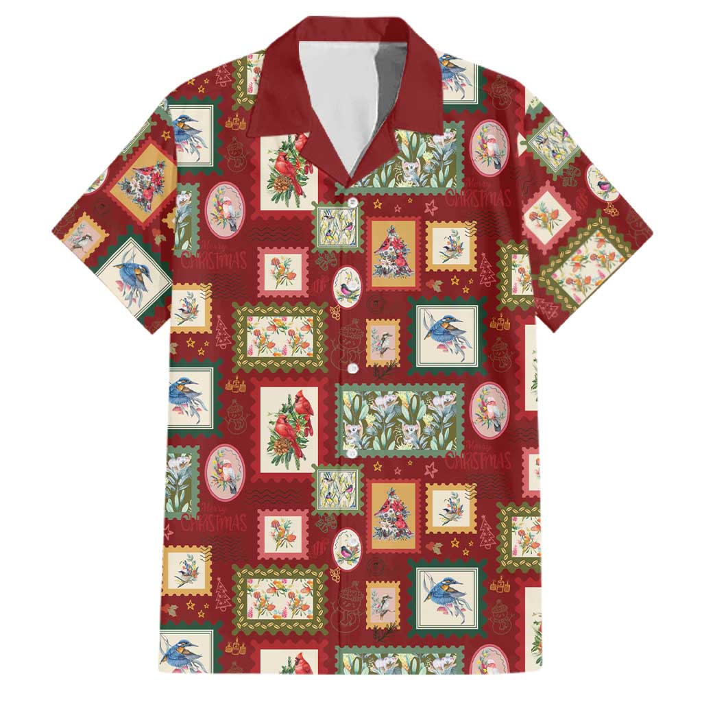 Aussie Birds Christmas La La Land Family Matching Off The Shoulder Long Sleeve Dress and Hawaiian Shirt Red Vintage Stamp Edition - Aussie Hoodie