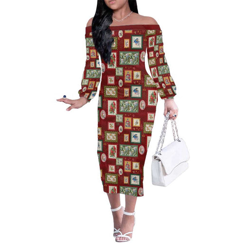Aussie Birds Christmas La La Land Family Matching Off The Shoulder Long Sleeve Dress and Hawaiian Shirt Red Vintage Stamp Edition - Aussie Hoodie