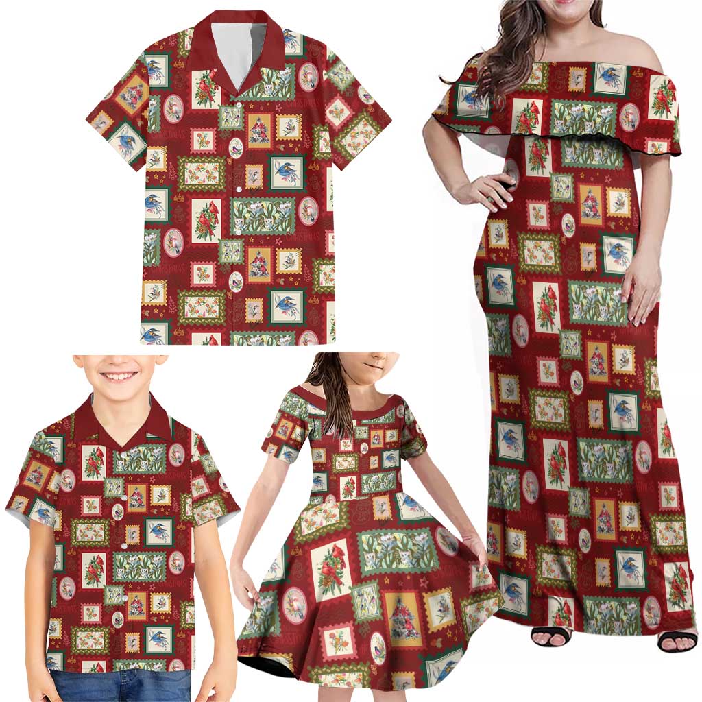 Aussie Birds Christmas La La Land Family Matching Off Shoulder Maxi Dress and Hawaiian Shirt Red Vintage Stamp Edition - Aussie Hoodie