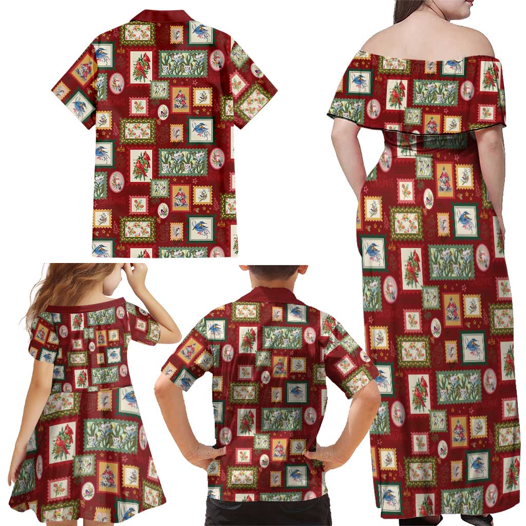 Aussie Birds Christmas La La Land Family Matching Off Shoulder Maxi Dress and Hawaiian Shirt Red Vintage Stamp Edition - Aussie Hoodie
