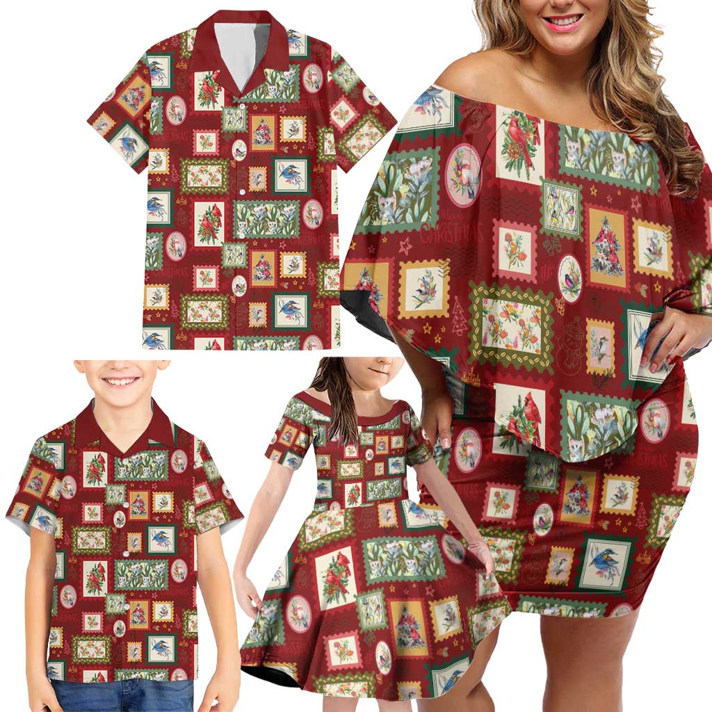 Aussie Birds Christmas La La Land Family Matching Off Shoulder Short Dress and Hawaiian Shirt Red Vintage Stamp Edition - Aussie Hoodie