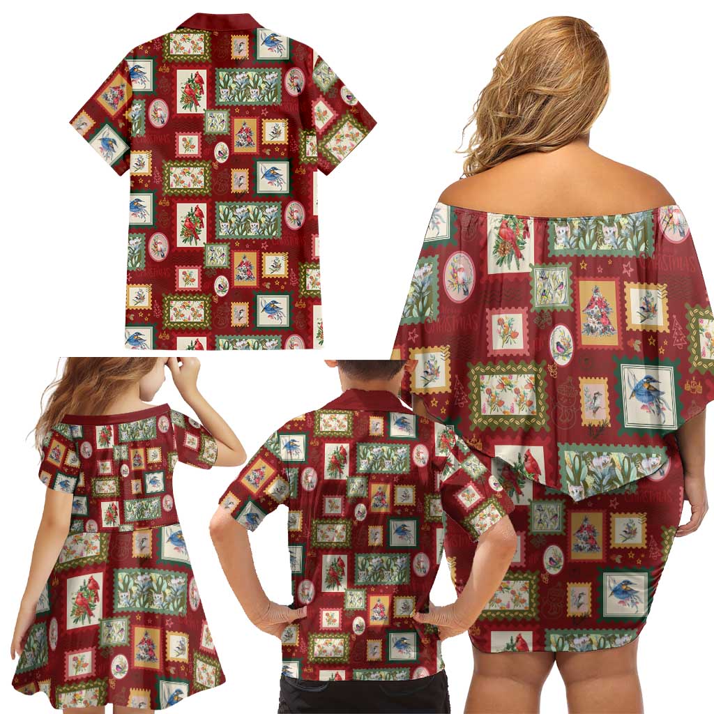 Aussie Birds Christmas La La Land Family Matching Off Shoulder Short Dress and Hawaiian Shirt Red Vintage Stamp Edition - Aussie Hoodie