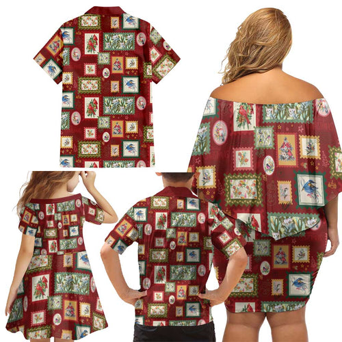 Aussie Birds Christmas La La Land Family Matching Off Shoulder Short Dress and Hawaiian Shirt Red Vintage Stamp Edition - Aussie Hoodie