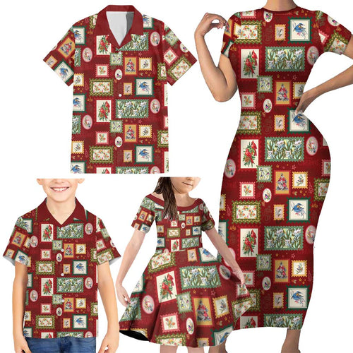 Aussie Birds Christmas La La Land Family Matching Short Sleeve Bodycon Dress and Hawaiian Shirt Red Vintage Stamp Edition - Aussie Hoodie