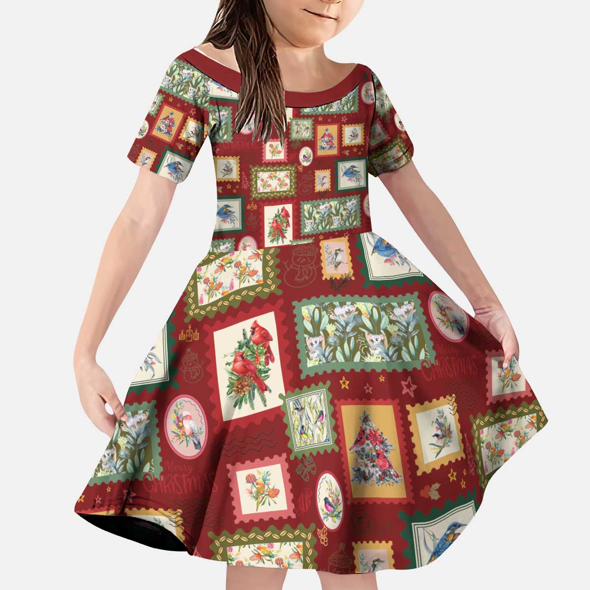 Aussie Birds Christmas La La Land Kid Short Sleeve Dress Red Vintage Stamp Edition - Aussie Hoodie