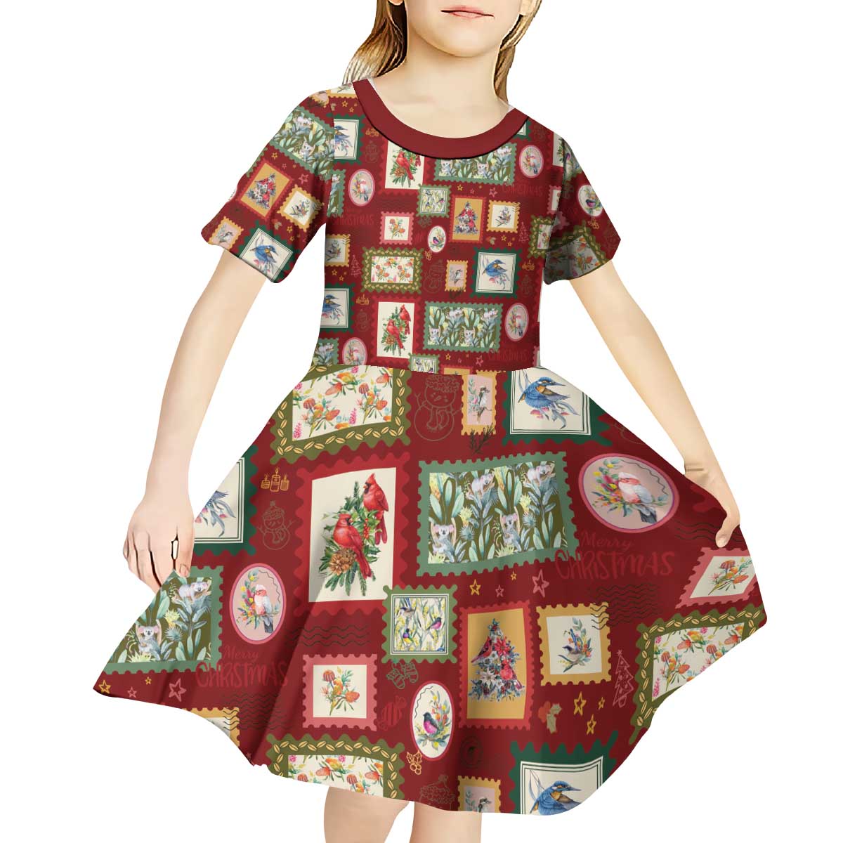 Aussie Birds Christmas La La Land Kid Short Sleeve Dress Red Vintage Stamp Edition - Aussie Hoodie
